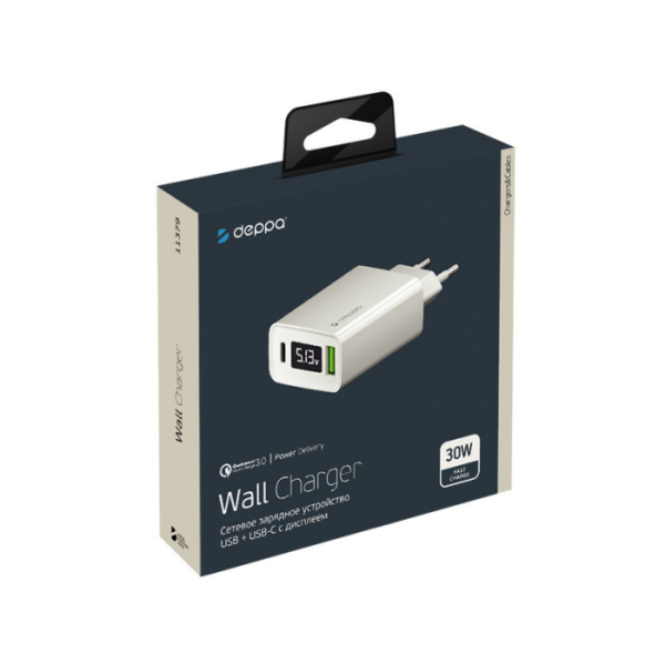 Сетевое зарядное устройство Deppa SB A + USB-C, PD, QC 3.0, 30W, дисплей, белый