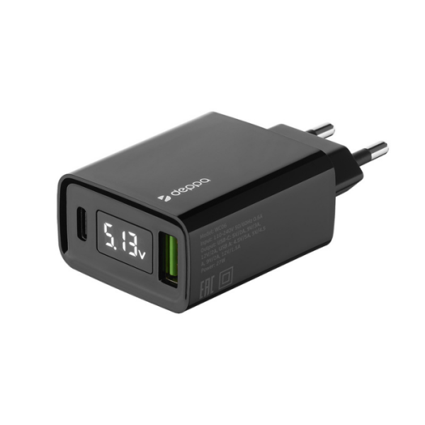 Сетевое зарядное устройство  Deppa USB A + USB-C, PD, QC 3.0, 30W, дисплей, (черный)