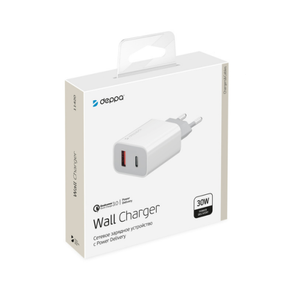 Сетевое зарядное устройство Deppa Power Delivery QC 3.0 30Вт USB A + Type-C (белое)